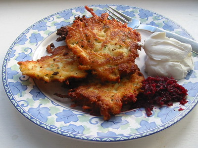 A plate of latkes with sour cream