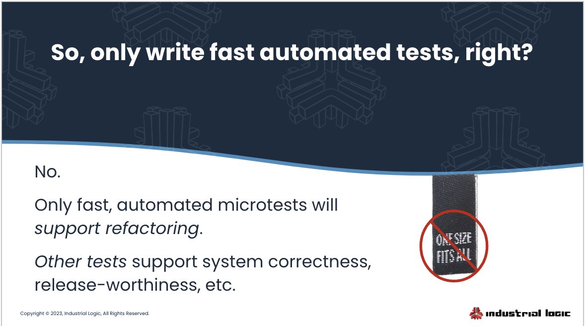 Industrial Logic slide- Title: So, only write fast automated tests, right? Body:No. Only fast, automated microtests will support refactring. Other tests support system correctness, release-worthiness, etc.