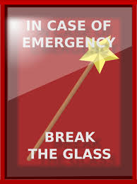 Magic wand behind glass labeled 'In case of emergency, break glass'