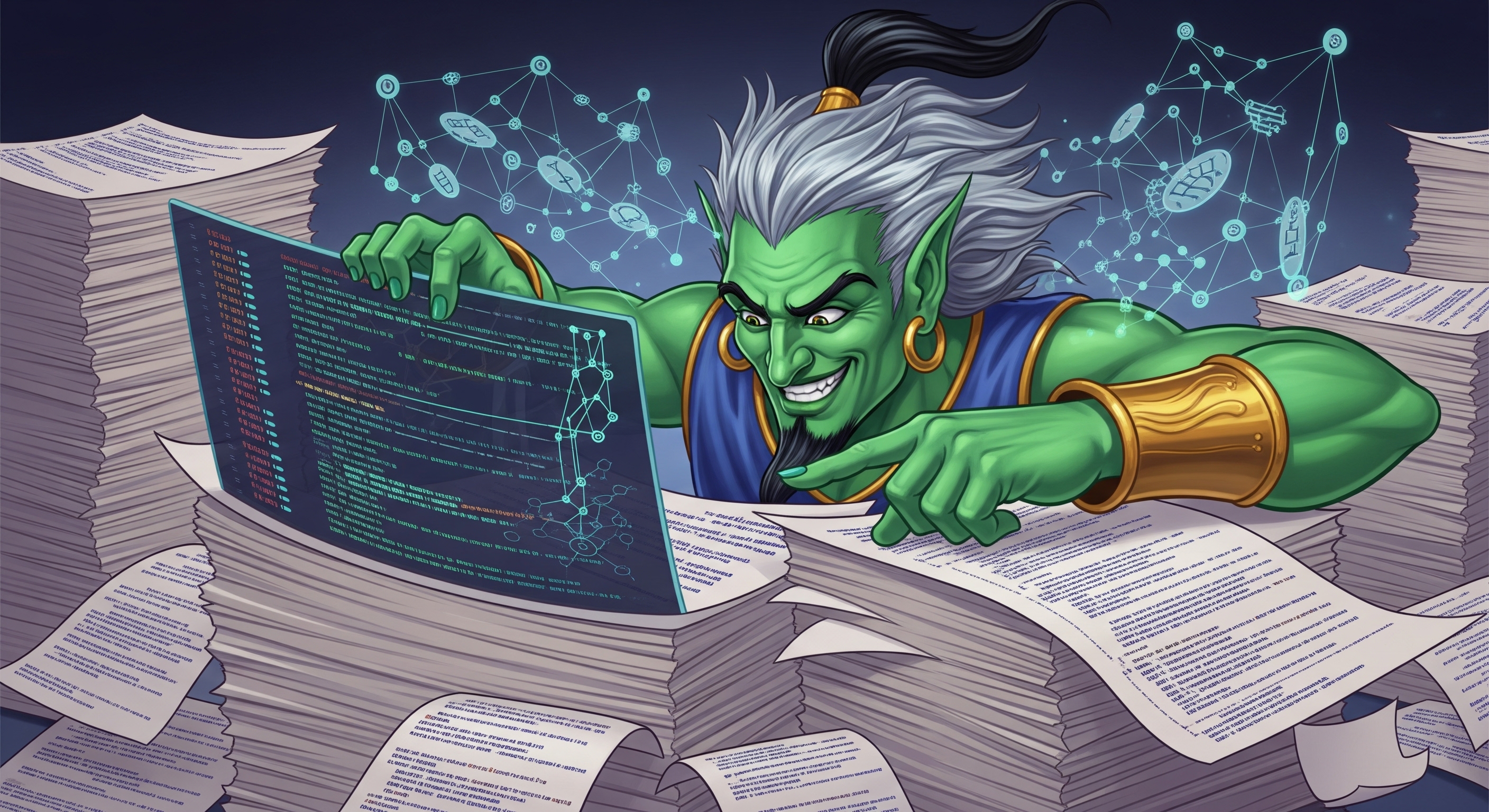 A green genie with poited ears writing code
