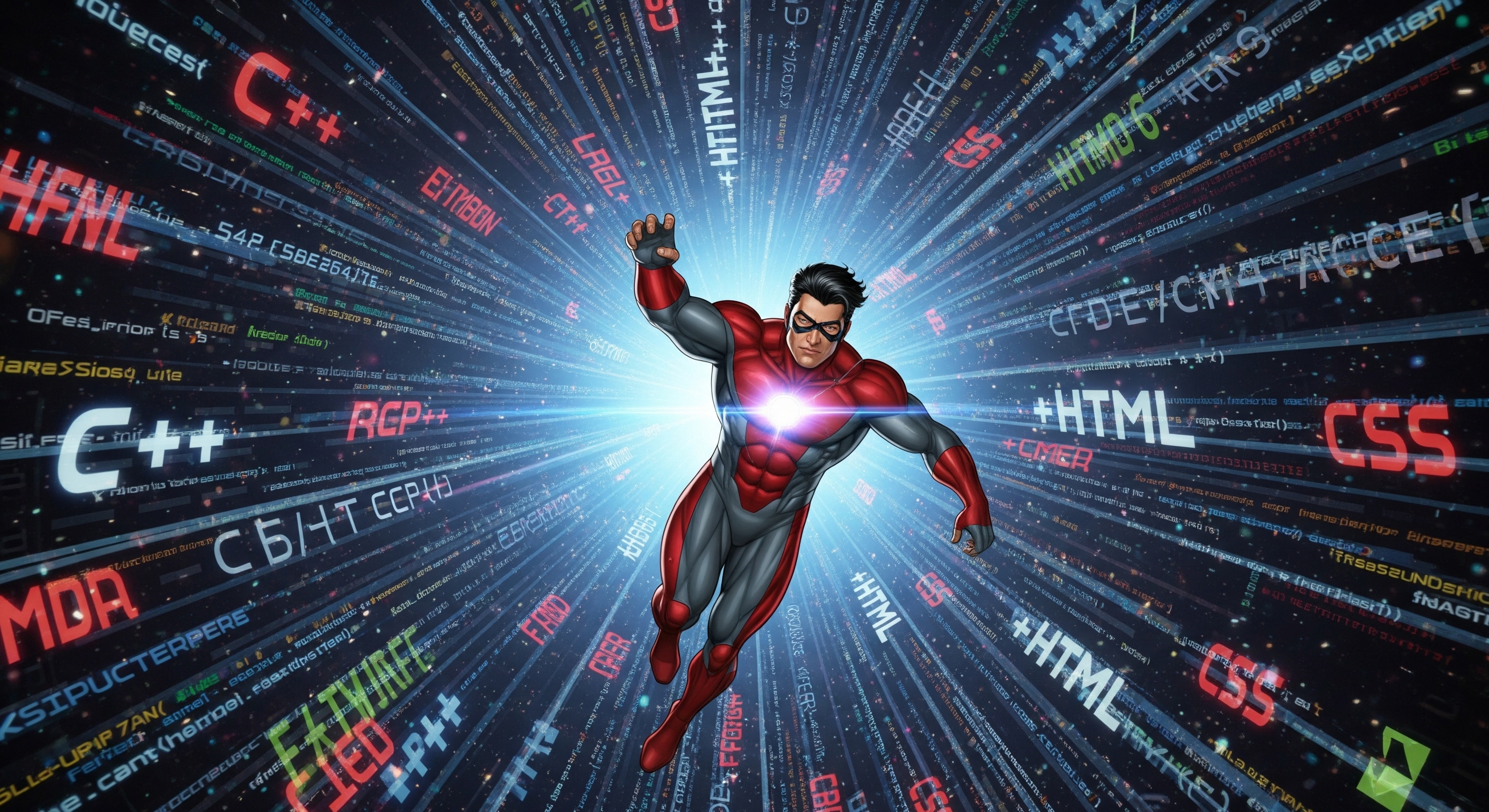 Superhero flying through a world of code