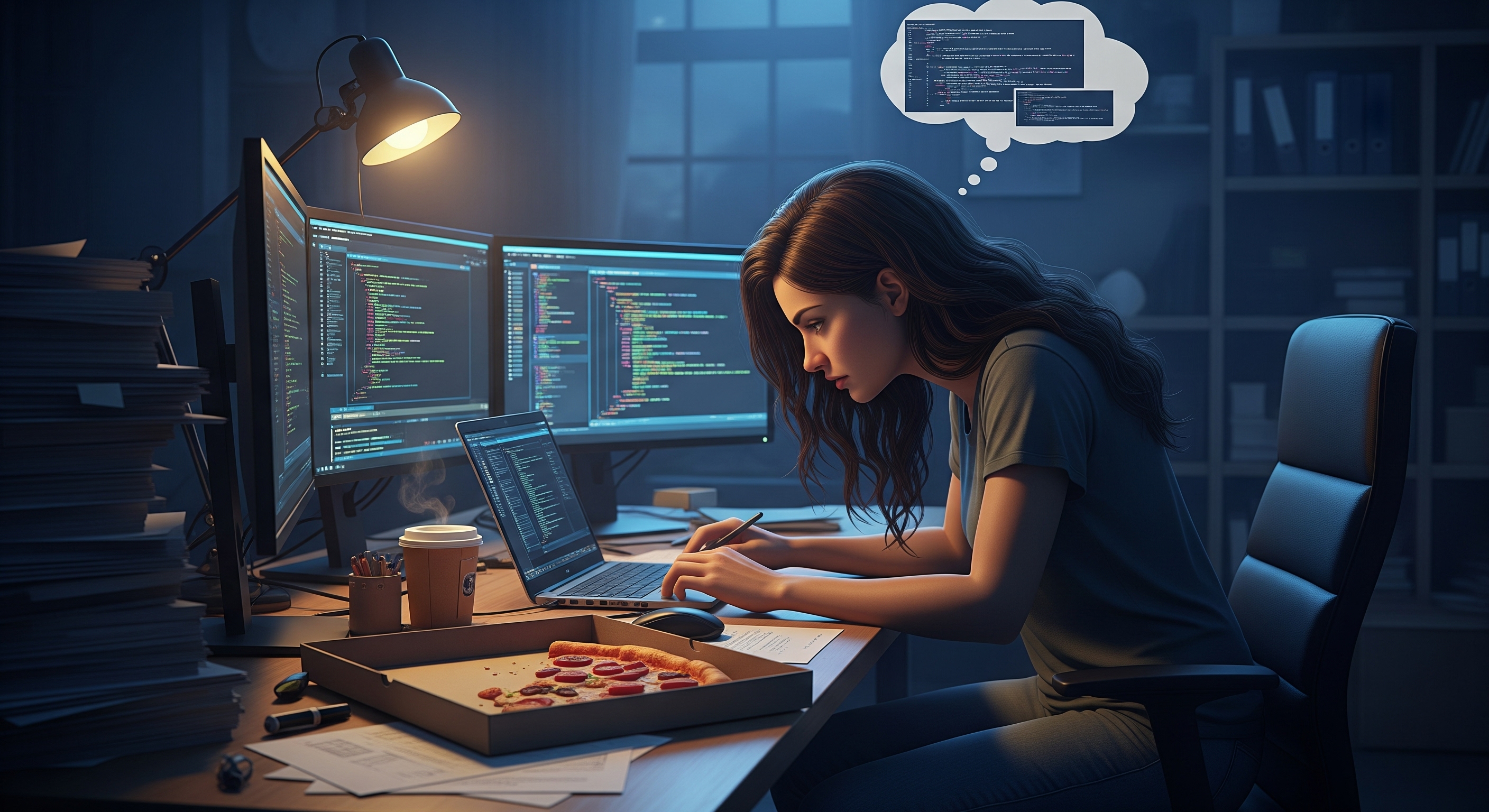 Developer working late at night thinking about code