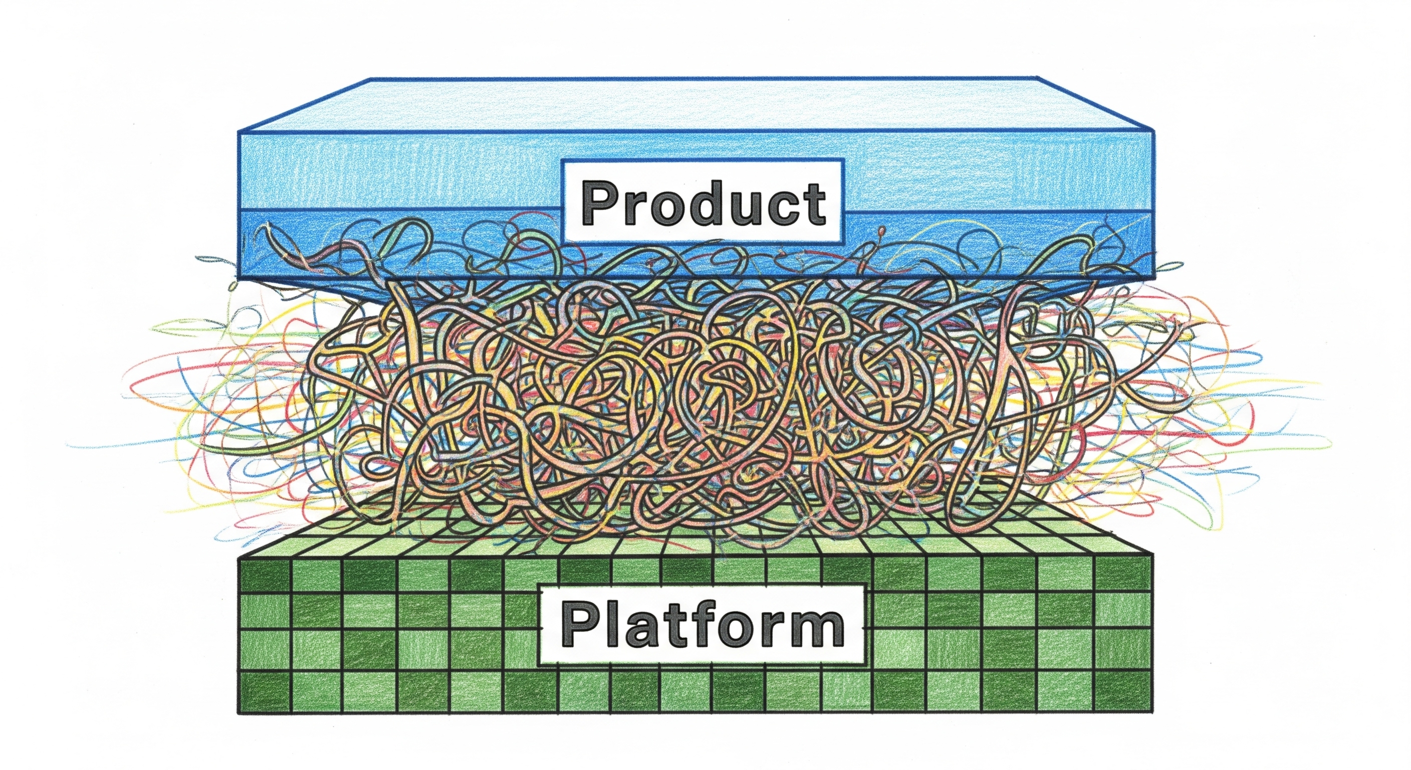 A software layer diagram showing two distinct layers, product and platform, and a messy middle blurring the interface of the two layers