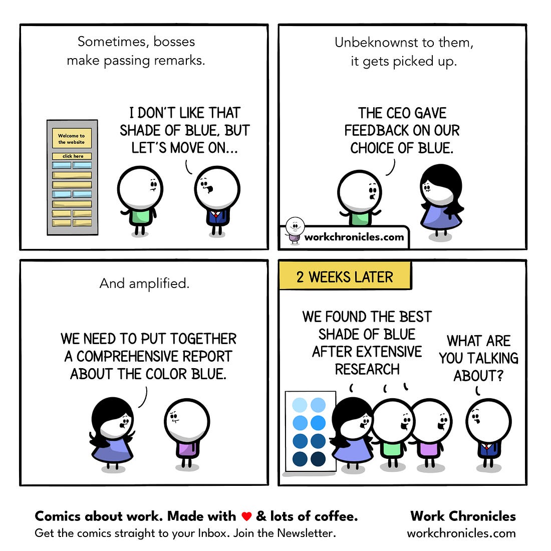 Cartoon from workchronicles.com. Frame 1: Boss makes an offhand remark about color on a website. Frane 2: Team hears the comment. Frame 3: Team assumes there’s a problem with the color and starts a deep investigation. Frame 4: Two weeks later team presents the results of their research. The boss has no idea what they’re talking about or why they did it.